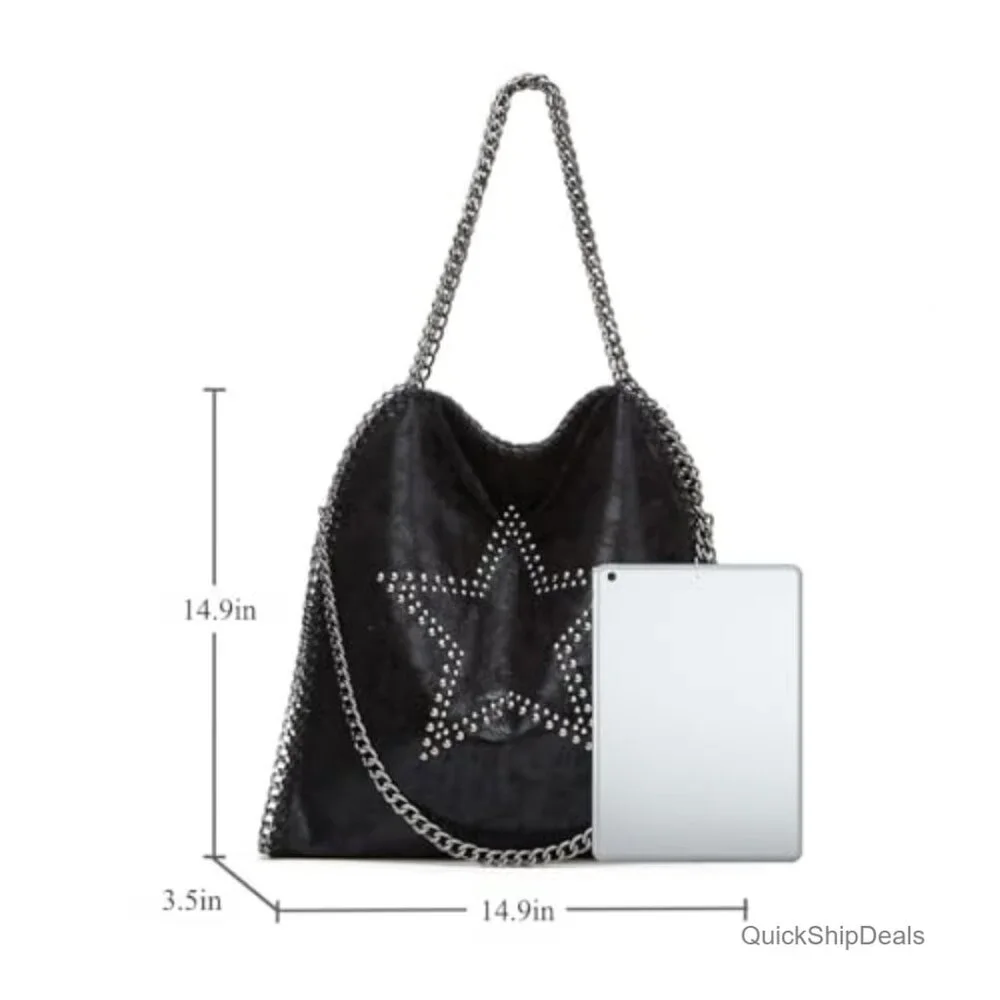 Oversized Chain Hobo Bag with Studs Faux Leather Shoulder Tote